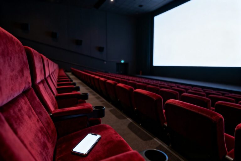 Salle de cinéma vide aux fauteuils rouges, écran blanc allumé et smartphone posé sur un siège