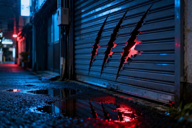 Rideau métallique lacéré par trois griffures dans une ruelle nocturne sous la pluie, lumière rouge et bleue