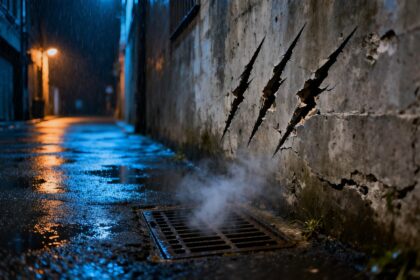Trois longues entailles parallèles dans un mur de béton d'une ruelle nocturne détrempée par la pluie