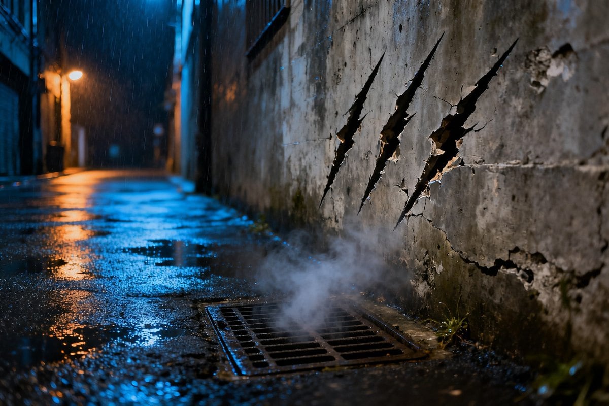 Trois longues entailles parallèles dans un mur de béton d'une ruelle nocturne détrempée par la pluie