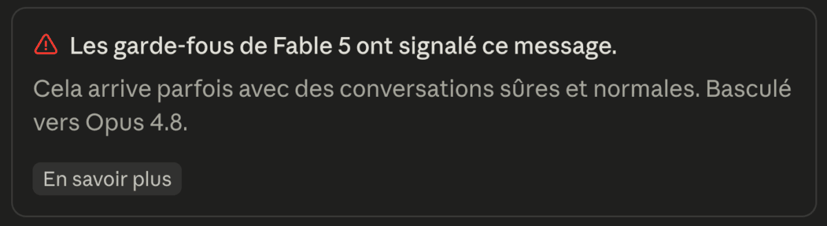 Capture du Claude Code : Les Gardes-fous de Fable 5 ont signalé ce message.