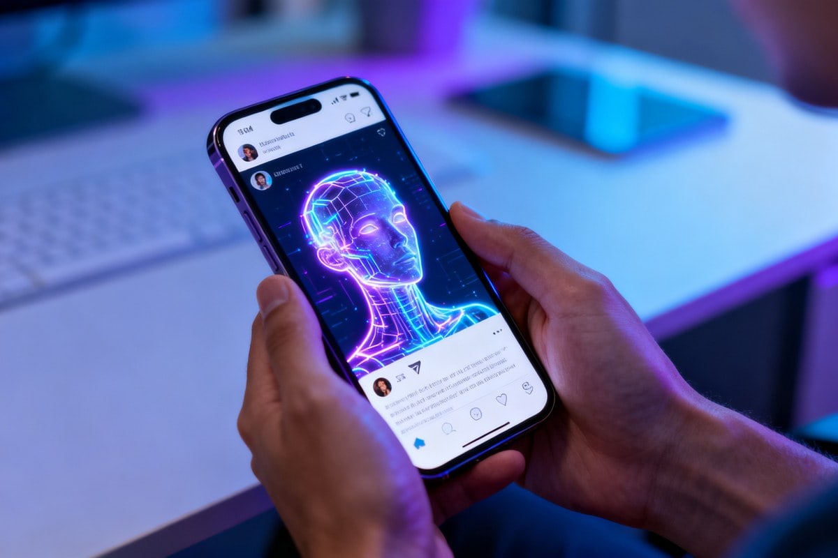 Mains tenant un smartphone affichant un portrait généré par IA dans un fil de réseau social