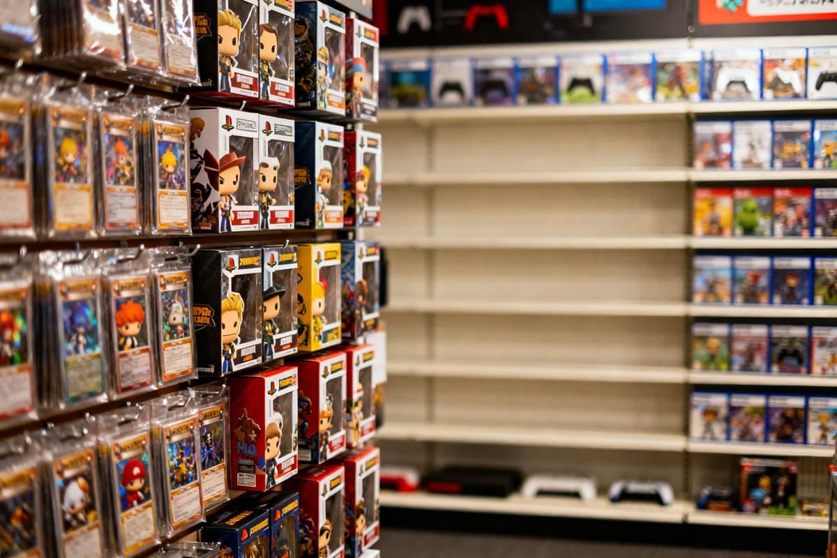 Mur de cartes à collectionner et de boîtes de figurines dans une boutique de jeux vidéo, face à des rayonnages vides