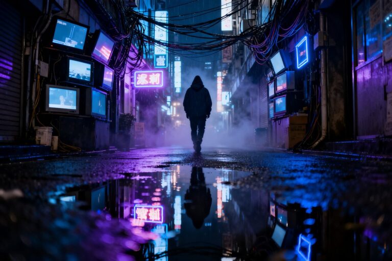 Silhouette encapuchonnée de dos dans une ruelle nocturne détrempée, entre néons, écrans empilés et câbles