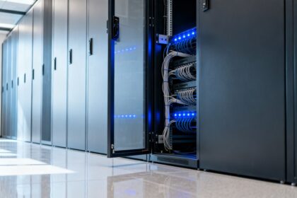 Baie de serveurs ouverte sur ses câbles et ses voyants bleus dans un couloir de data center aux autres baies fermées