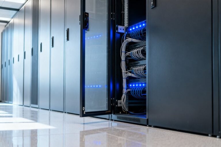 Baie de serveurs ouverte sur ses câbles et ses voyants bleus dans un couloir de data center aux autres baies fermées