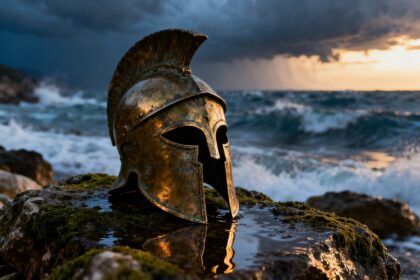Casque de guerrier antique en bronze posé sur des rochers face à une mer méditerranéenne au crépuscule