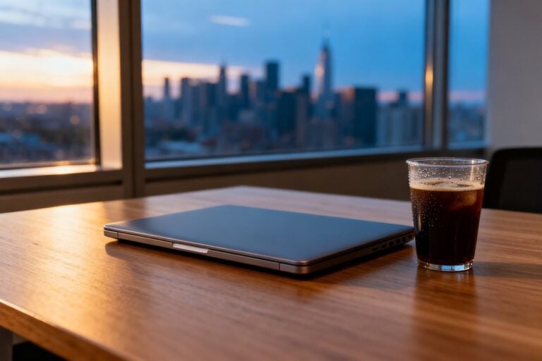 Ordinateur portable fermé posé sur un bureau vide, devant une baie vitrée au crépuscule