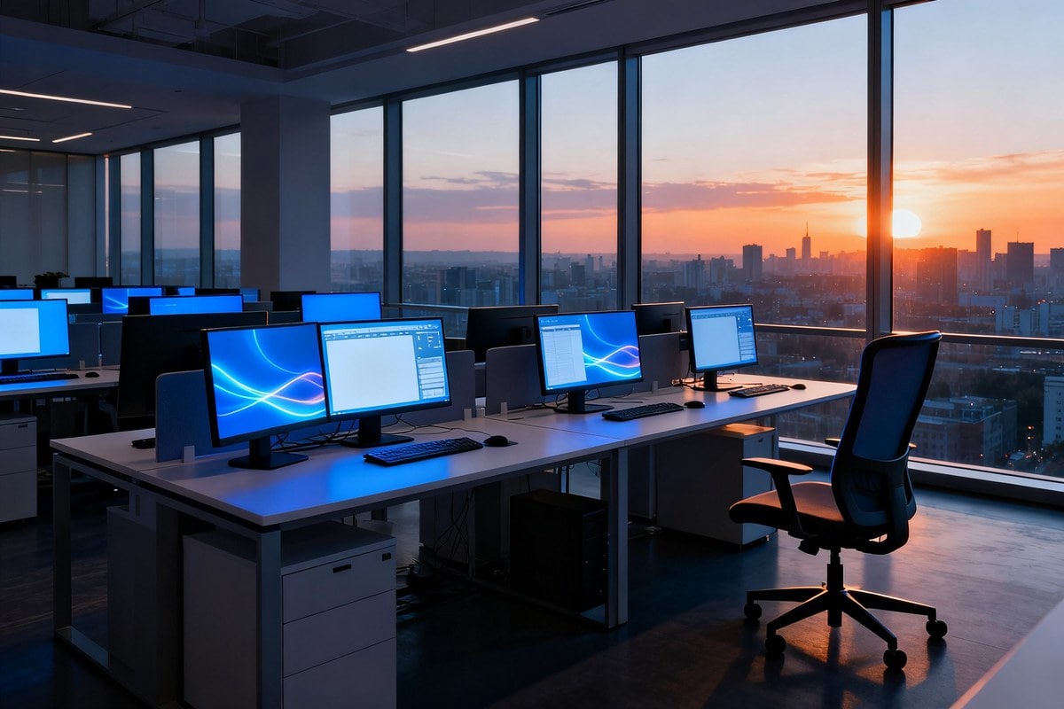 Bureau en open space désert au crépuscule, écrans allumés sur les postes de travail, un fauteuil vide face à la ville