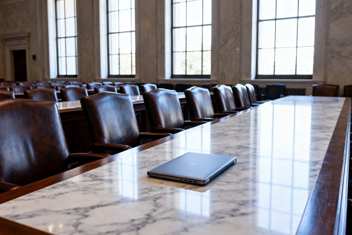 Salle de commission vide dans un bâtiment fédéral américain, longue table et fauteuils alignés