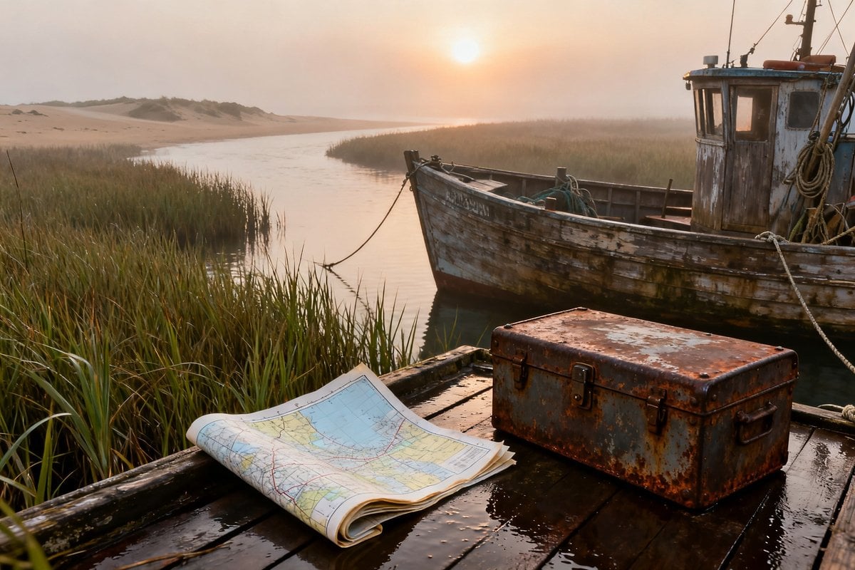 Carte marine dépliée et coffre métallique rouillé sur un ponton en bois, bateau de pêche amarré au lever du soleil