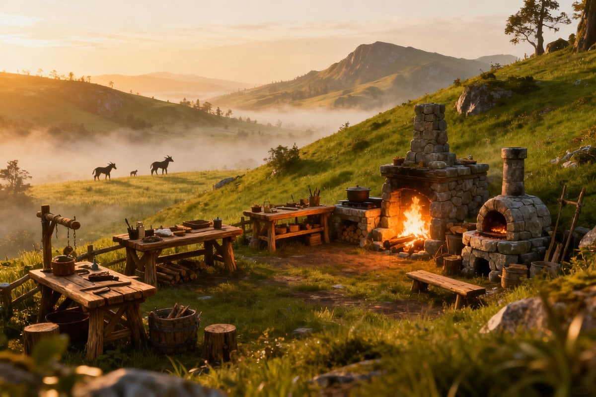 Camp de survie avec ateliers en bois sur une colline verdoyante au lever du soleil, créatures au loin