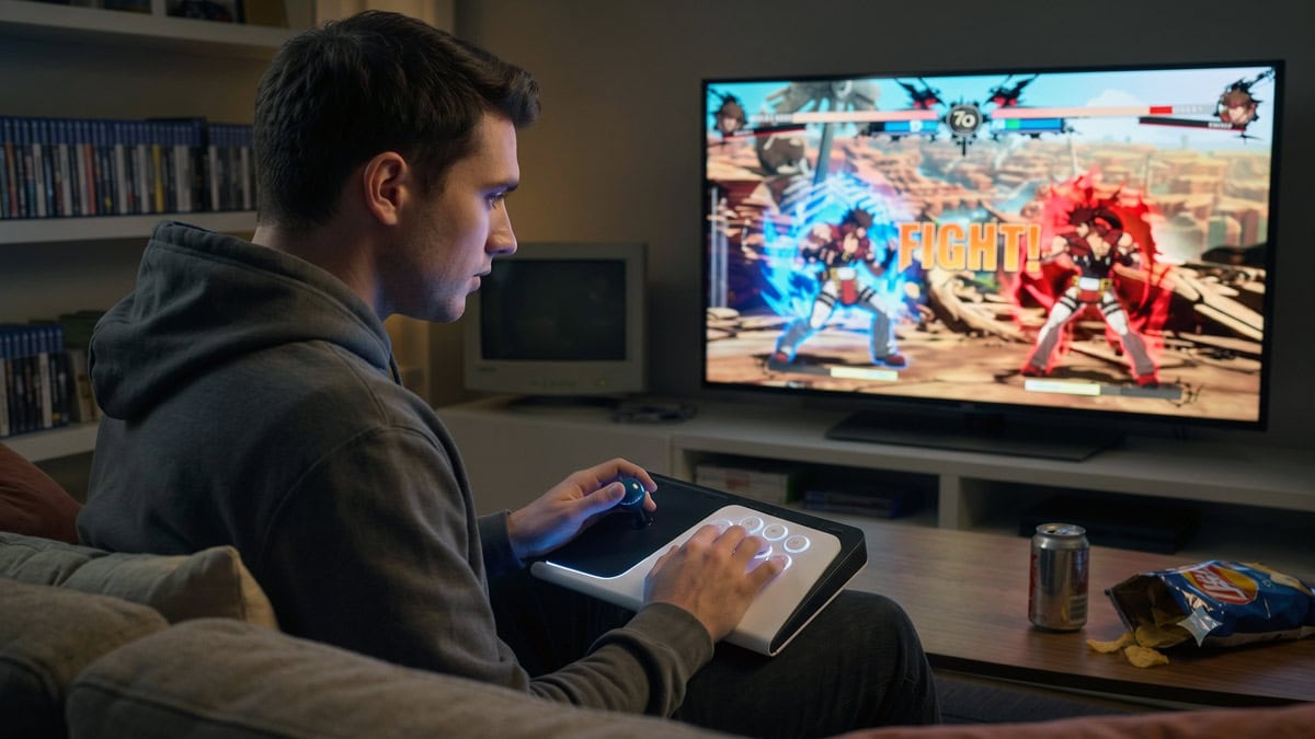 Un joueur utilise le FlexStrike avec un jeu d'arcade sur sa TV