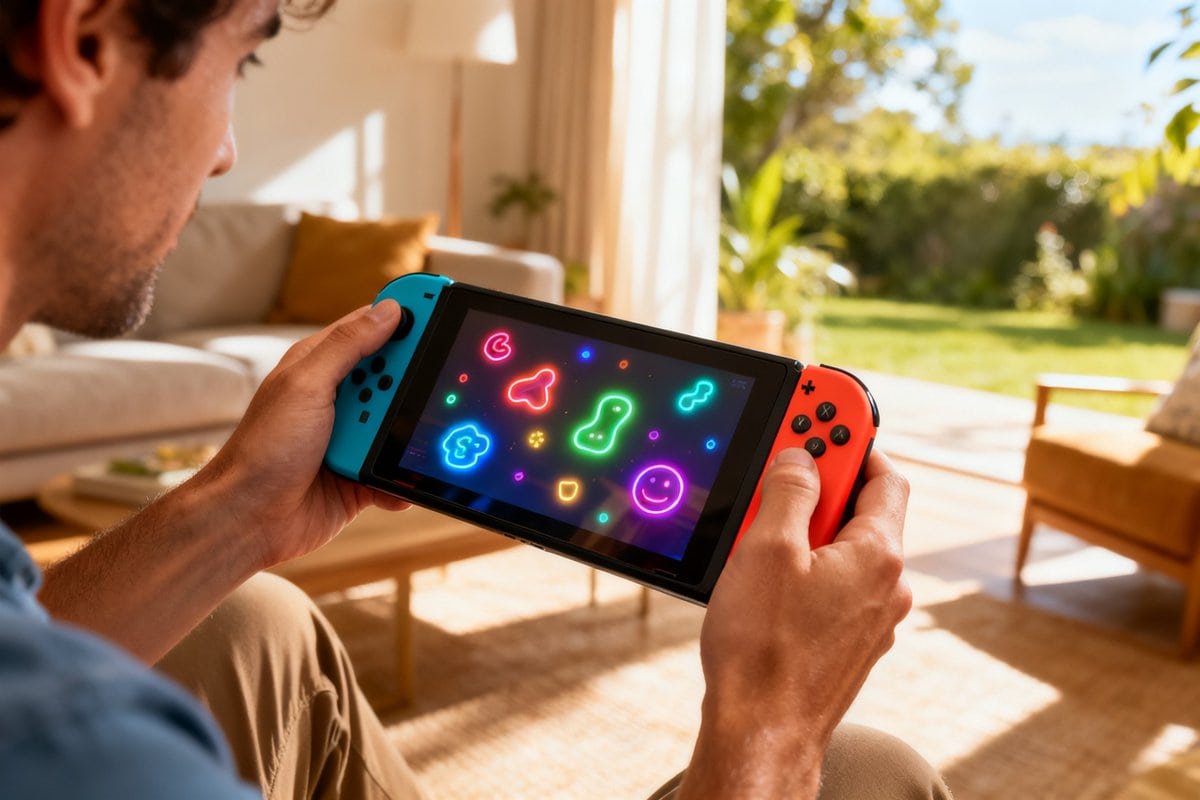 Mains tenant une console de jeu portable affichant des formes colorées dans un salon