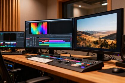 Studio de postproduction vidéo avec plusieurs écrans affichant des plans et des lignes de temps colorées
