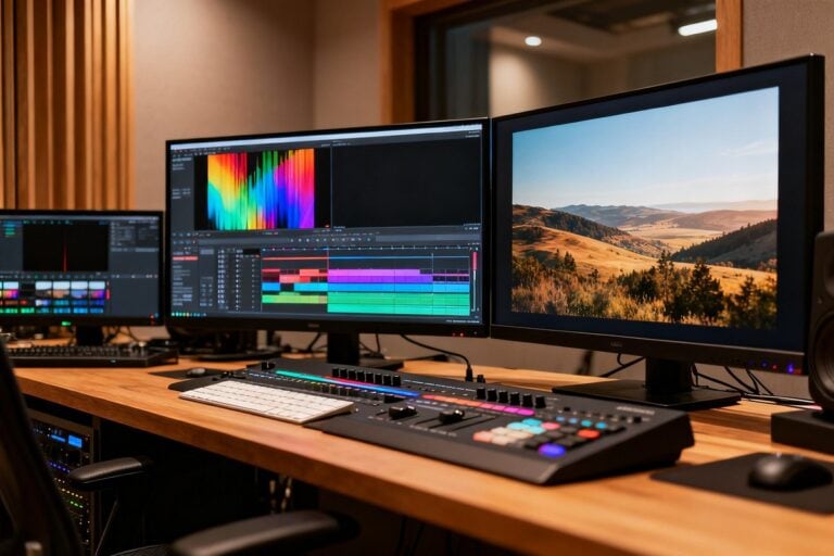 Studio de postproduction vidéo avec plusieurs écrans affichant des plans et des lignes de temps colorées