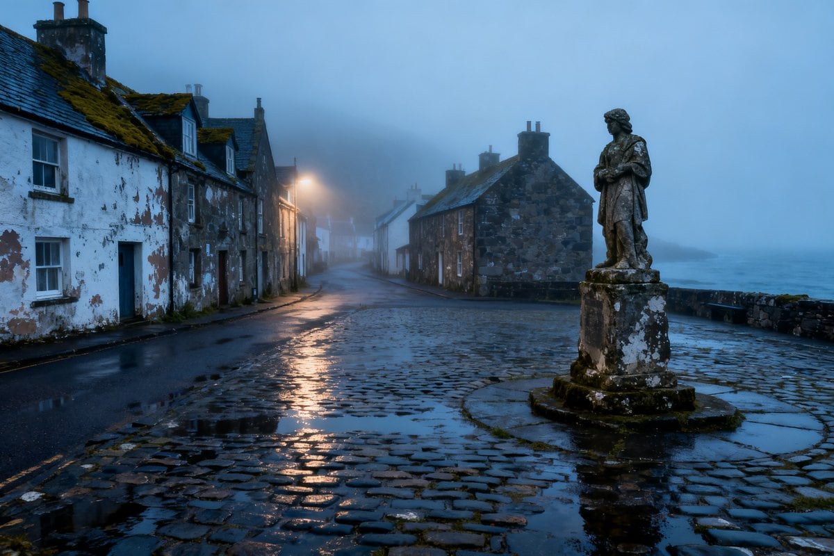 Rue pavée mouillée d'un village côtier écossais désert dans le brouillard, statue de pierre au premier plan
