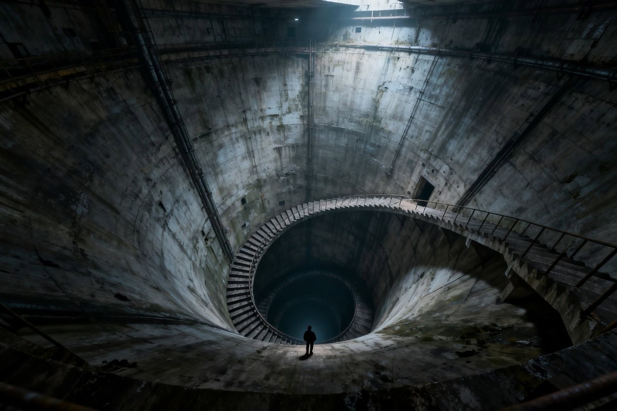 Une silhouette seule face à un immense silo souterrain en béton et son escalier en colimaçon plongeant dans le noir.