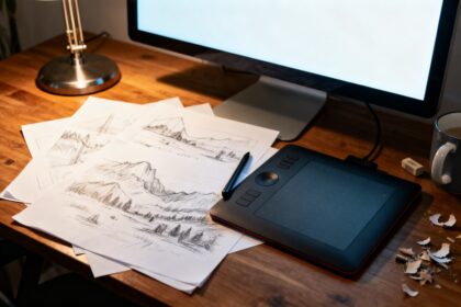 Feuilles de croquis au crayon posées sur un bureau en bois, près d'une tablette graphique, d'un stylet et d'un écran allumé