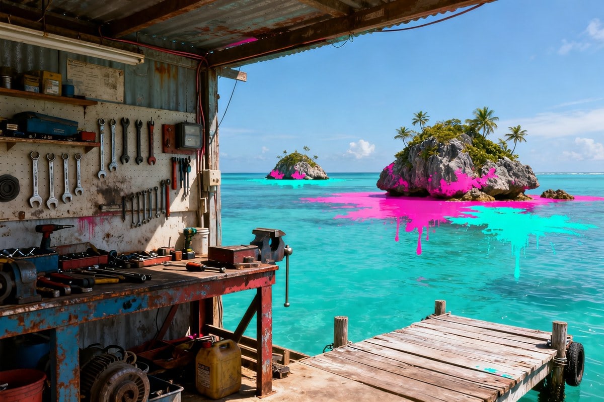 Archipel tropical aux rochers éclaboussés de peinture fluo au-dessus d'une eau turquoise