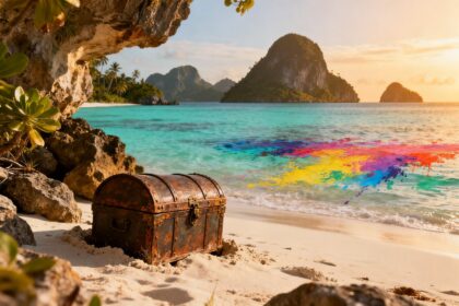 Coffre au trésor en bois sur une plage tropicale, éclaboussures de peinture colorée sur l'eau turquoise face à des îlots