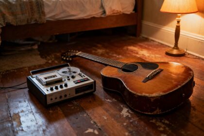 Vieux magnétophone à cassette et guitare acoustique usée posés sur le plancher d'une chambre modeste