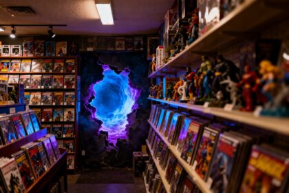 Portail lumineux bleu et violet ouvert dans le mur du fond d'une boutique de comics remplie de BD et de figurines