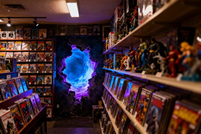 Portail lumineux bleu et violet ouvert dans le mur du fond d'une boutique de comics remplie de BD et de figurines