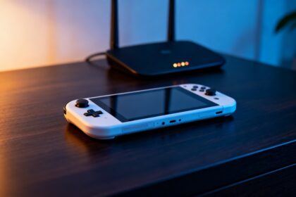 Console de jeu portable blanche posée sur un bureau sombre devant un routeur wifi aux voyants allumés