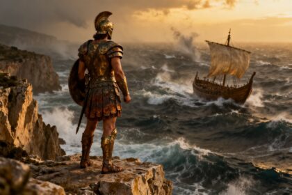 Un guerrier grec en armure de bronze observe depuis une falaise une mer déchaînée où vogue un navire à voile antique
