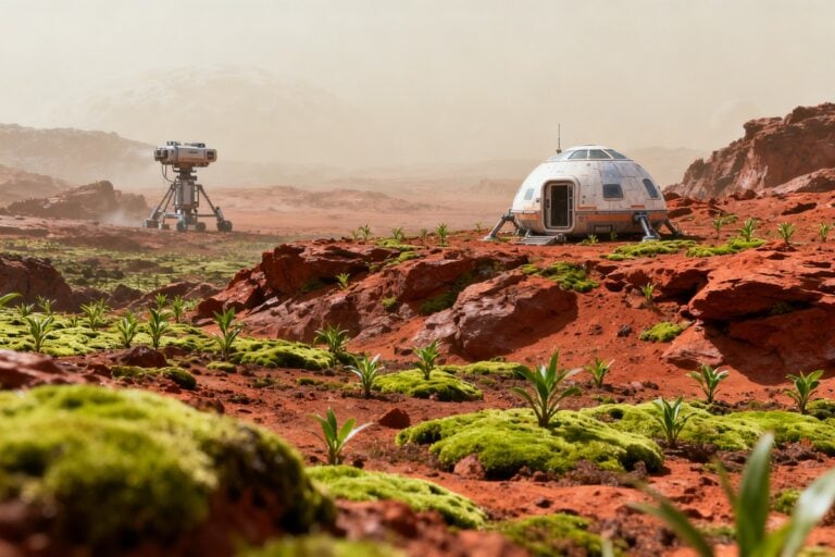 Un habitat futuriste et un rover sur un sol rocheux rouge où percent des touffes de mousse et de jeunes plantes vertes.