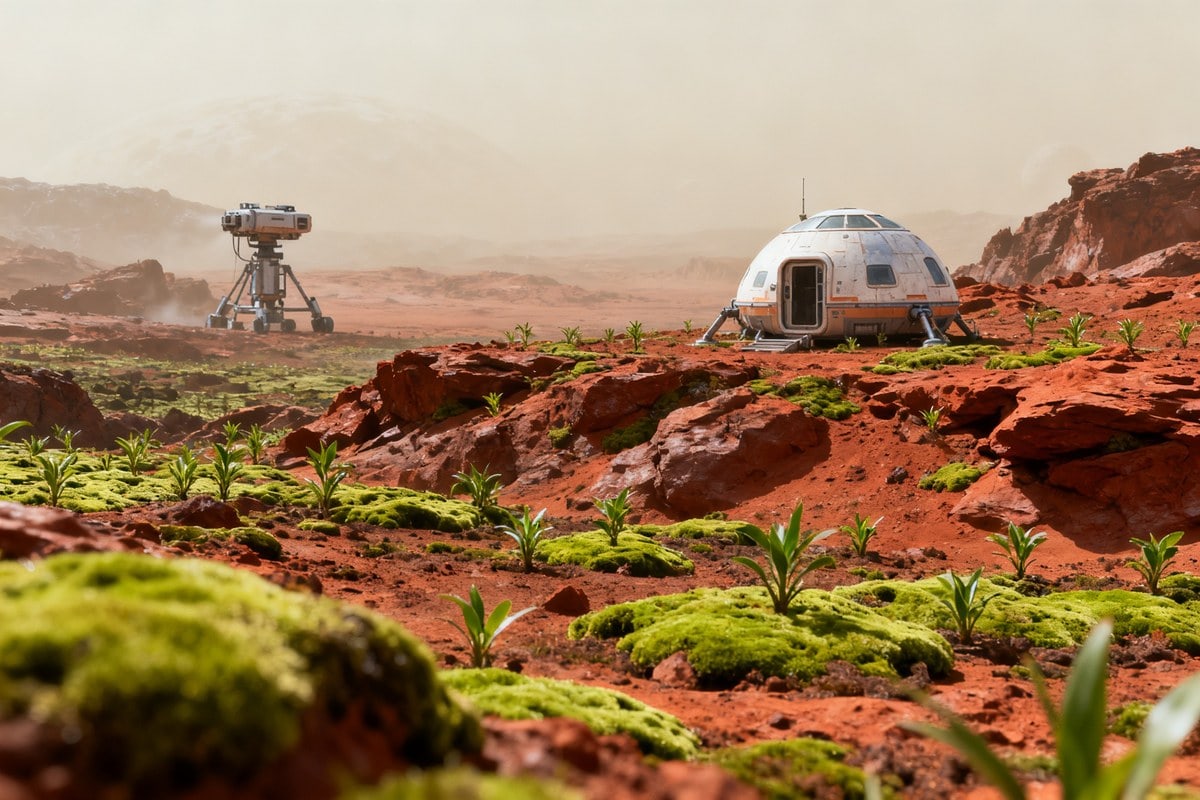 Un habitat futuriste et un rover sur un sol rocheux rouge où percent des touffes de mousse et de jeunes plantes vertes.
