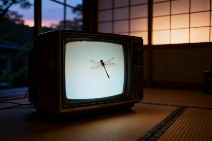 Vieux téléviseur à tube allumé dans un salon japonais sombre, une libellule volant devant l'écran