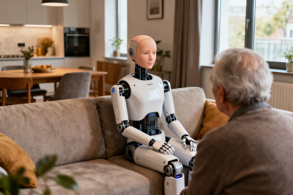 Robot humanoïde à peau de silicone assis dans un salon aux côtés d'une personne âgée