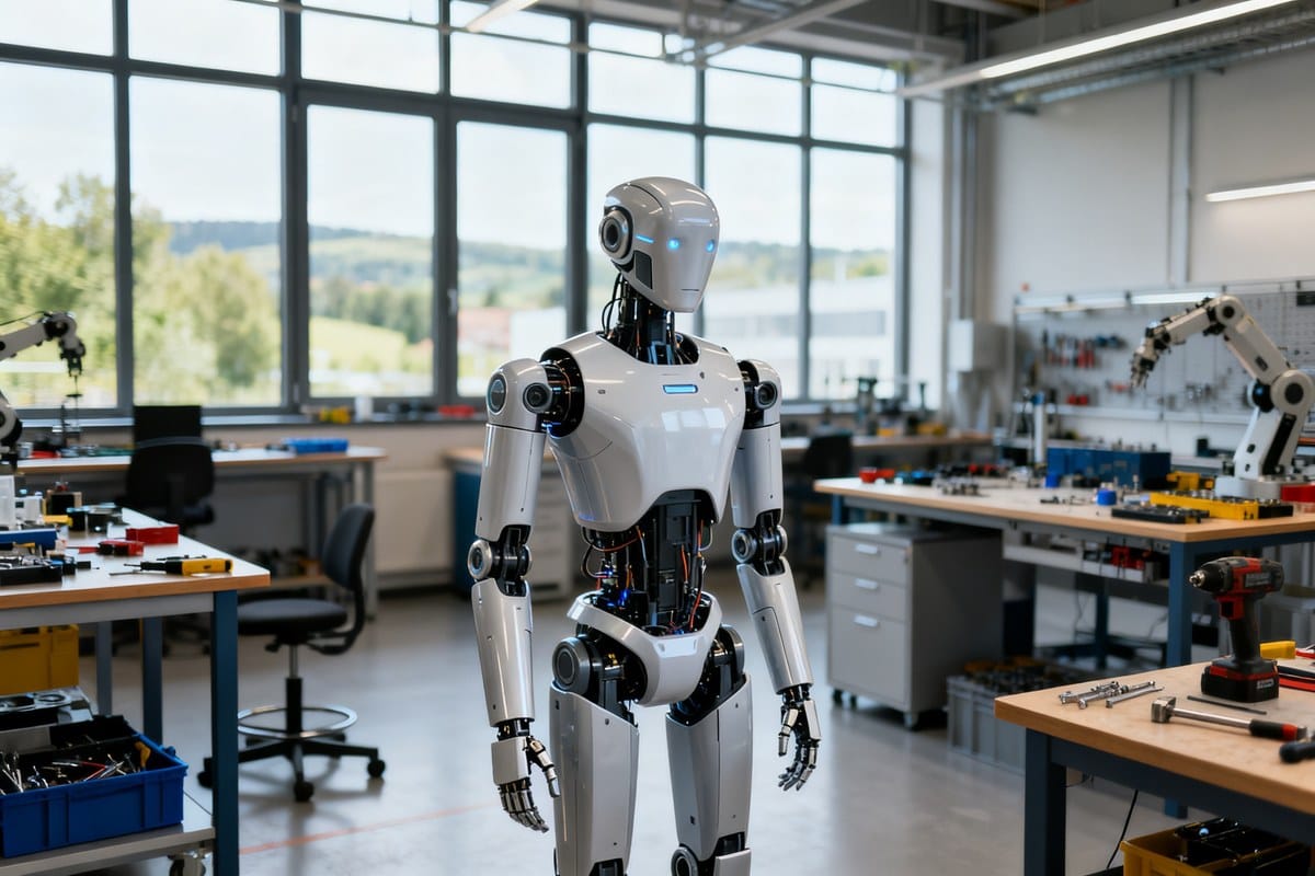 Prototype de robot humanoïde léger debout dans un atelier de robotique européen baigné de lumière naturelle