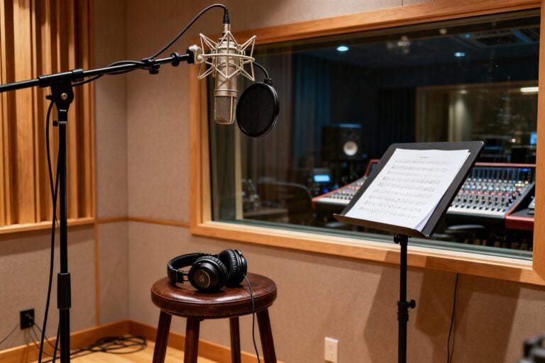 Micro de studio, casque sur un tabouret et pupitre avec partition dans une cabine face à une régie