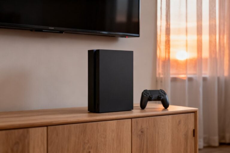 Console de jeu noire sans marque et manette posées sur un meuble en bois, téléviseur éteint au mur