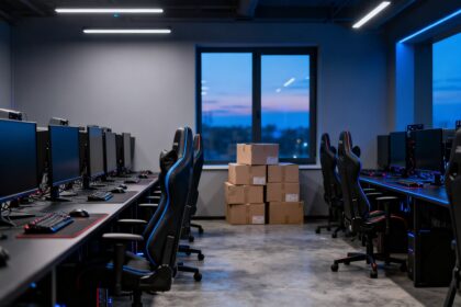 Bureaux vides d un studio de jeu vidéo au crépuscule, postes de travail éteints et cartons de déménagement