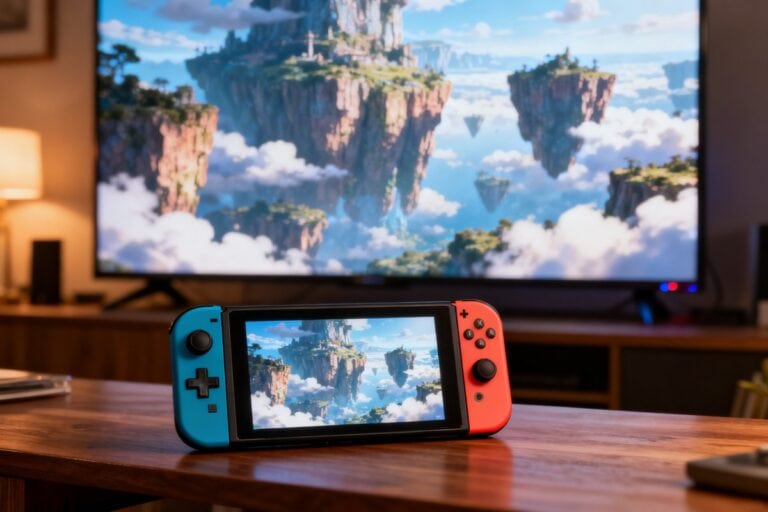Console portable hybride posée sur une table en bois, écran et téléviseur affichant des falaises flottantes dans les nuages