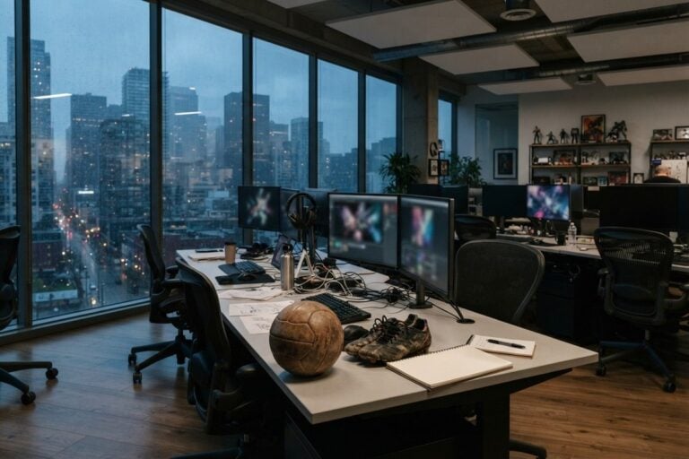 Ballon de football en cuir usé et chaussures à crampons posés sur un bureau d'open space de studio de jeu vidéo