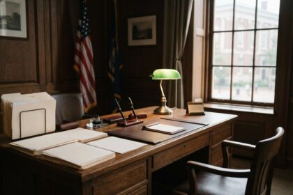 Bureau administratif américain en bois avec dossiers vierges, lampe à abat-jour vert et drapeaux