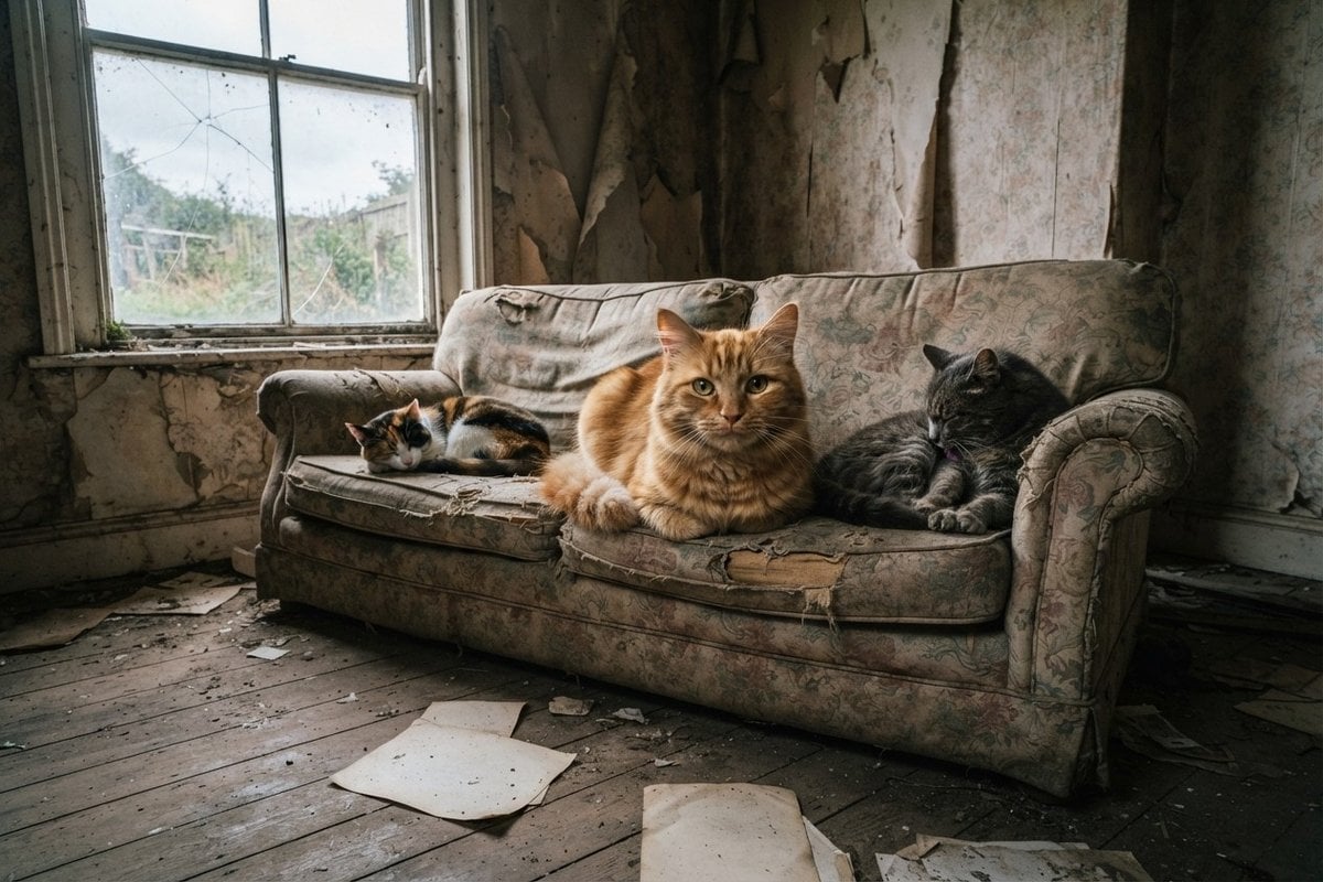 Trois chats sur un canapé défoncé dans un salon abandonné au papier peint arraché, fenêtre fêlée