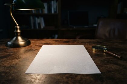 Feuille de papier vierge posée sur un bureau en bois, entre une lampe de banquier allumée et une loupe