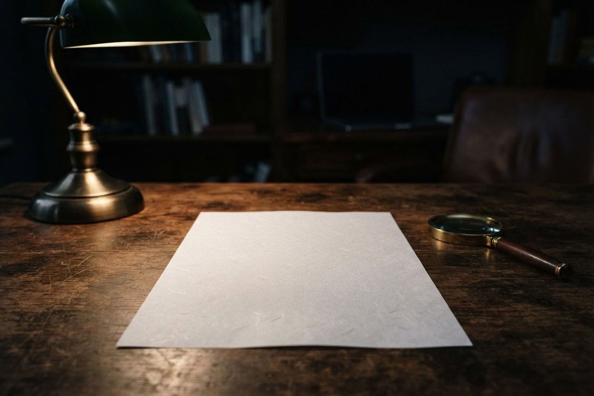 Feuille de papier vierge posée sur un bureau en bois, entre une lampe de banquier allumée et une loupe