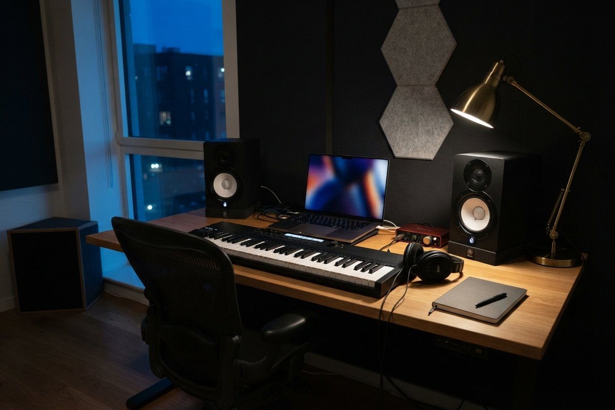 Studio de musique domestique la nuit, clavier maître, enceintes de monitoring et ordinateur portable allumé