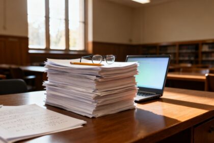 Pile de feuilles imprimées sur une table de bibliothèque, lunettes et crayon posés dessus, ordinateur portable ouvert