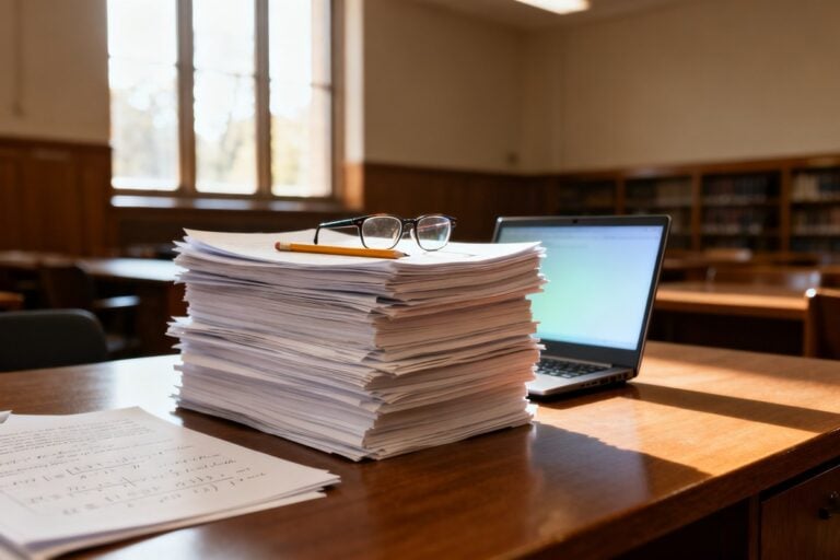 Pile de feuilles imprimées sur une table de bibliothèque, lunettes et crayon posés dessus, ordinateur portable ouvert