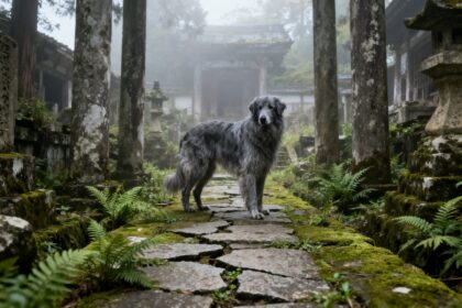 Grand chien gris à poil long debout sur une allée de pierres moussues dans un temple japonais en ruine, dans la brume