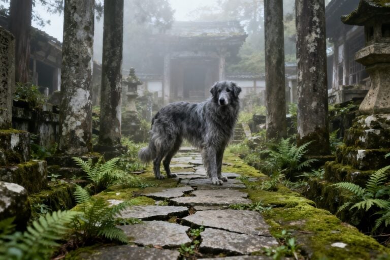 Grand chien gris à poil long debout sur une allée de pierres moussues dans un temple japonais en ruine, dans la brume