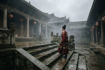 Homme en robe rouge sombre et coiffe noire, sabre à la main, sur les marches mouillées d'un temple chinois sous un ciel gris